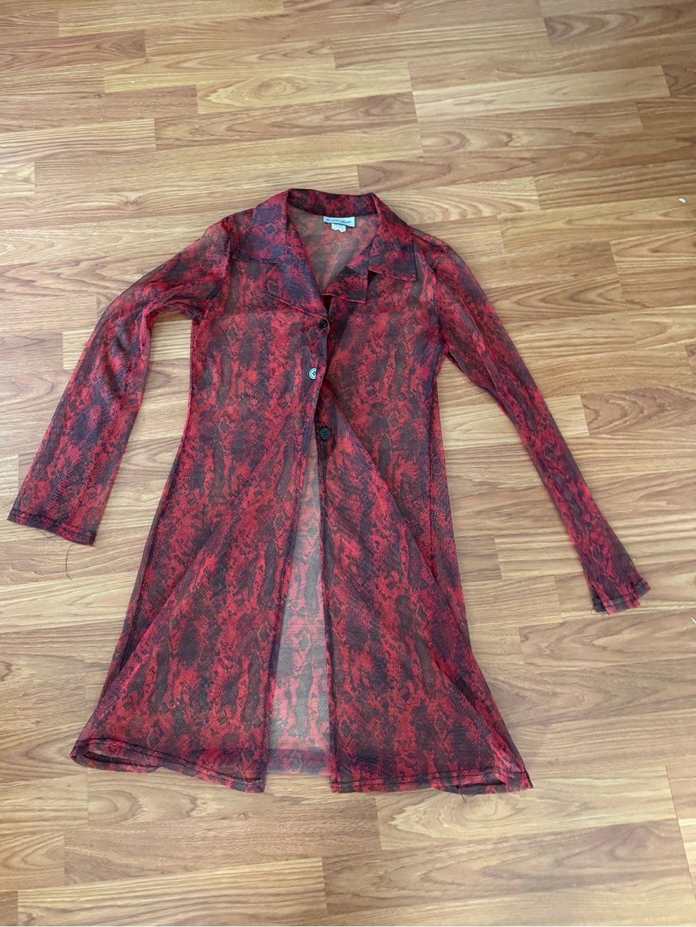 Red Snake Print Sheer Button Front Longline Top